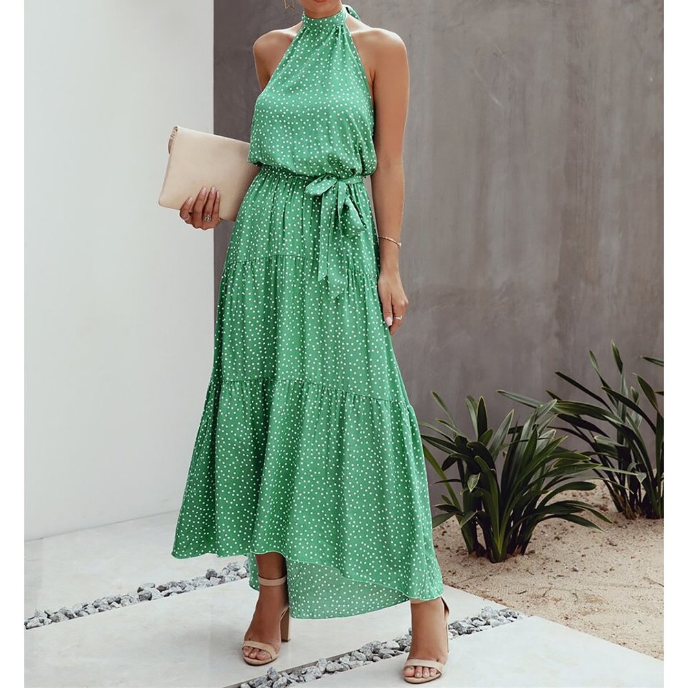 Green Polka Dot Halter Flounce Maxi Dress - Picture 4 of 8